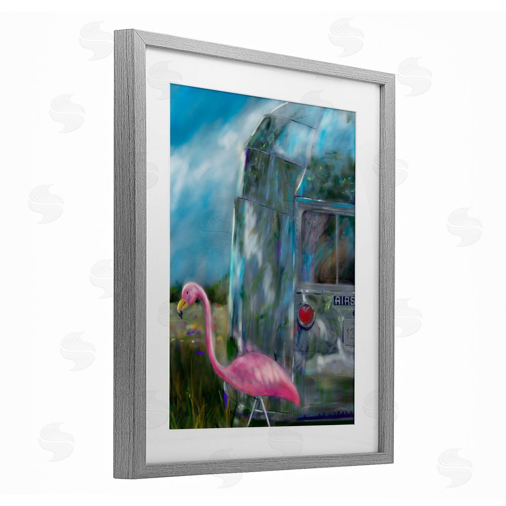 Mary Sparrow Happy Camper Flamingo Gray Framed Print Under Glass with White Mat Wall Art