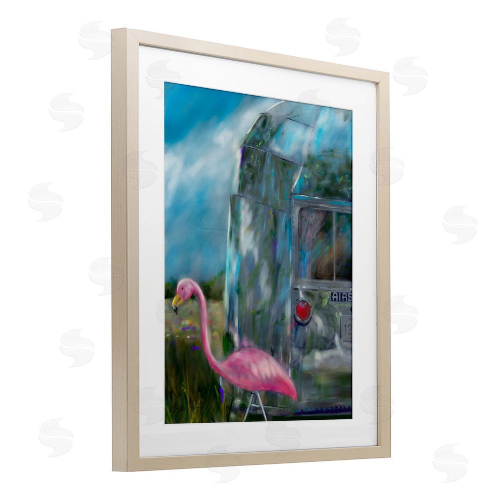 Mary Sparrow Happy Camper Flamingo Birch Framed Print Under Glass with White Mat Wall Art
