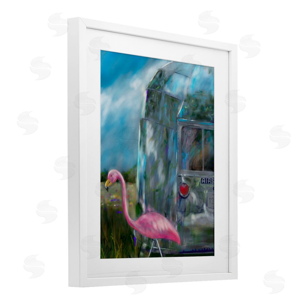 Mary Sparrow Happy Camper Flamingo White Framed Print Under Glass with Mat Wall Art