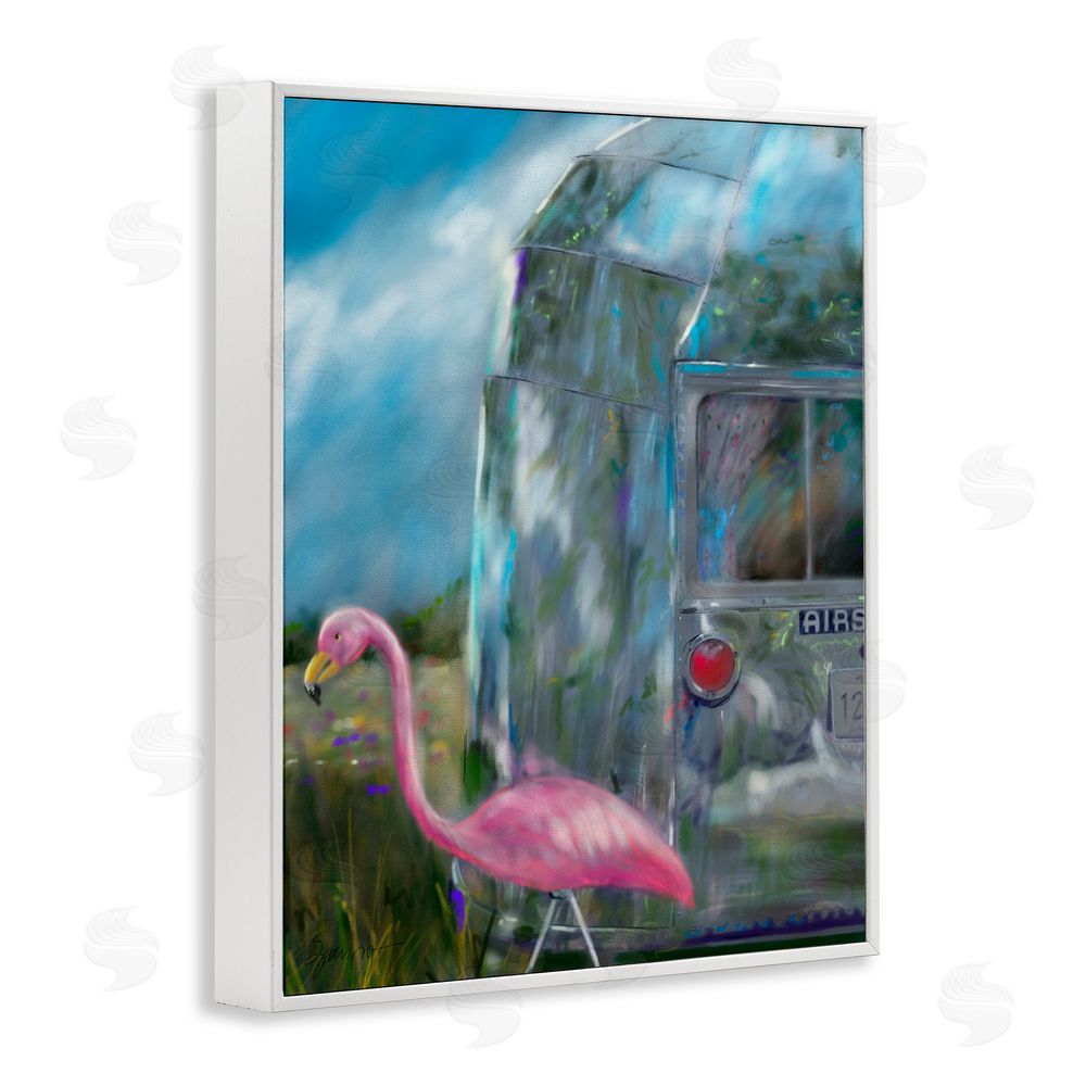 Mary Sparrow Happy Camper Flamingo White Framed Giclee Wall Art Print