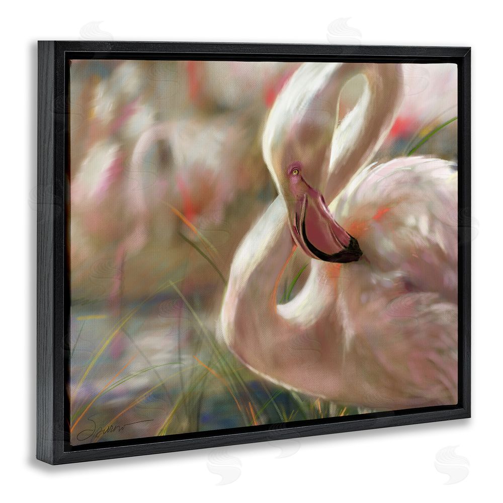 Mary Sparrow Preening Flamingo Sunset Black Floating Frame Canvas Wall Art Print