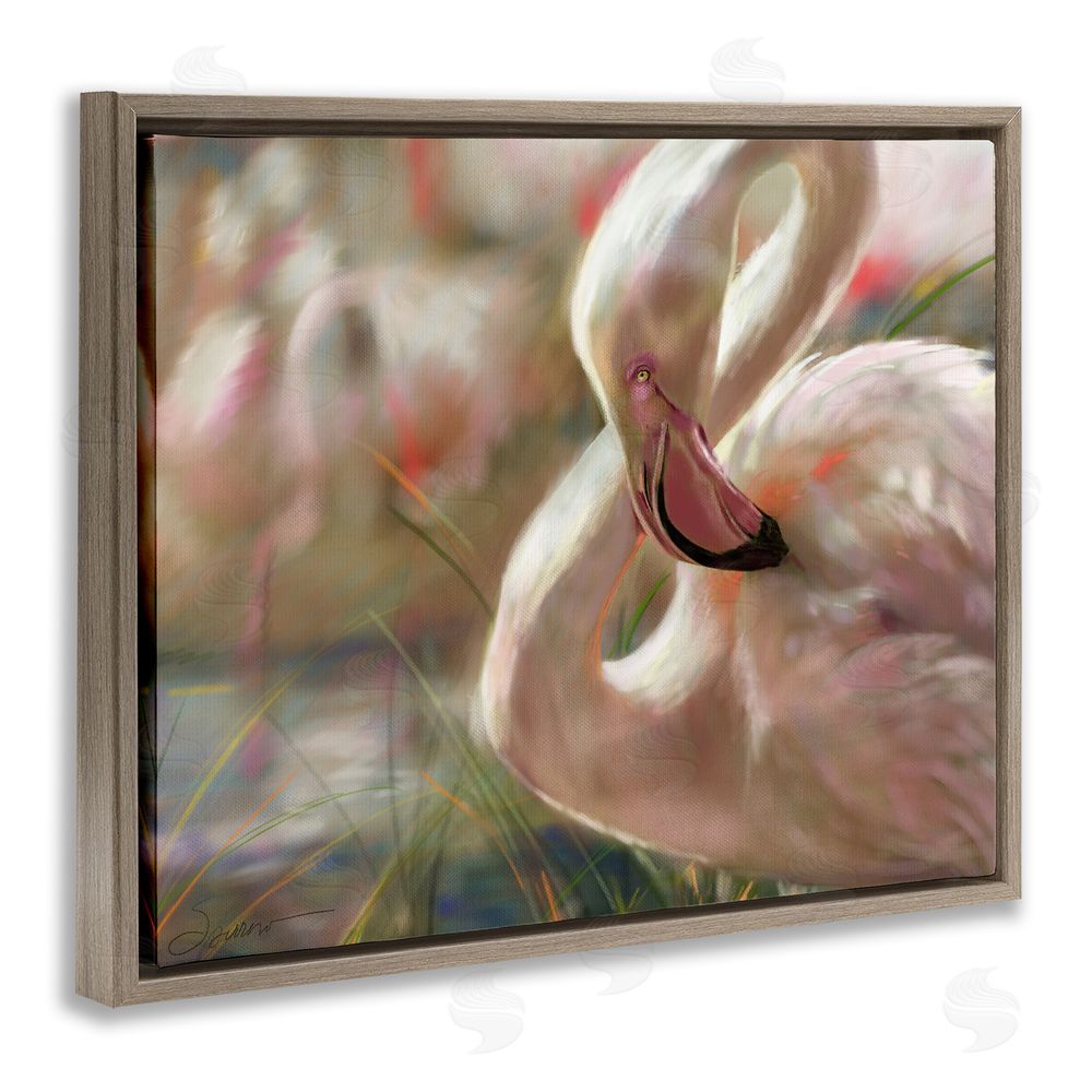 Mary Sparrow Preening Flamingo Sunset Brown Floating Frame Canvas Wall Art Print