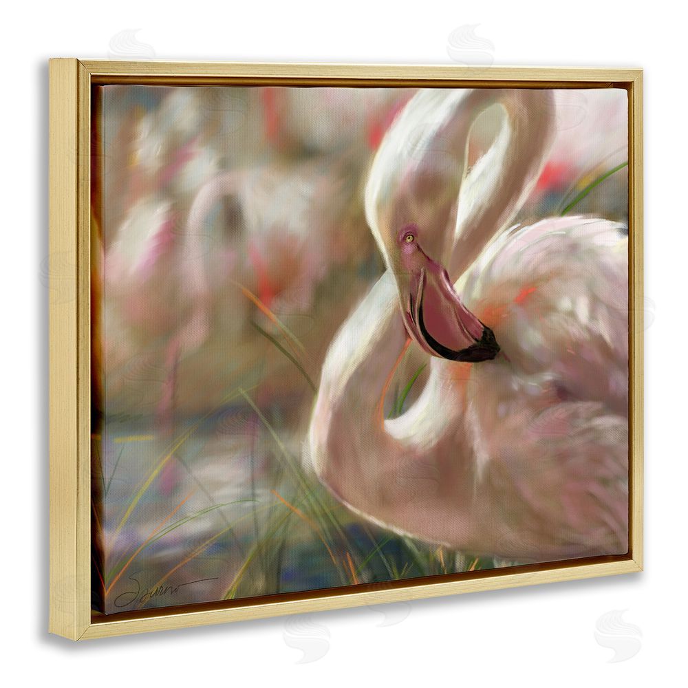 Mary Sparrow Preening Flamingo Sunset Gold Floating Frame Canvas Wall Art Print
