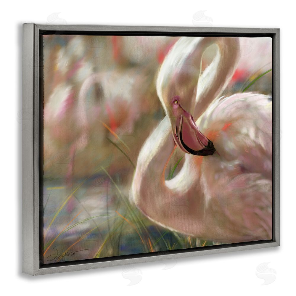 Mary Sparrow Preening Flamingo Sunset Gray Floating Frame Canvas Wall Art Print