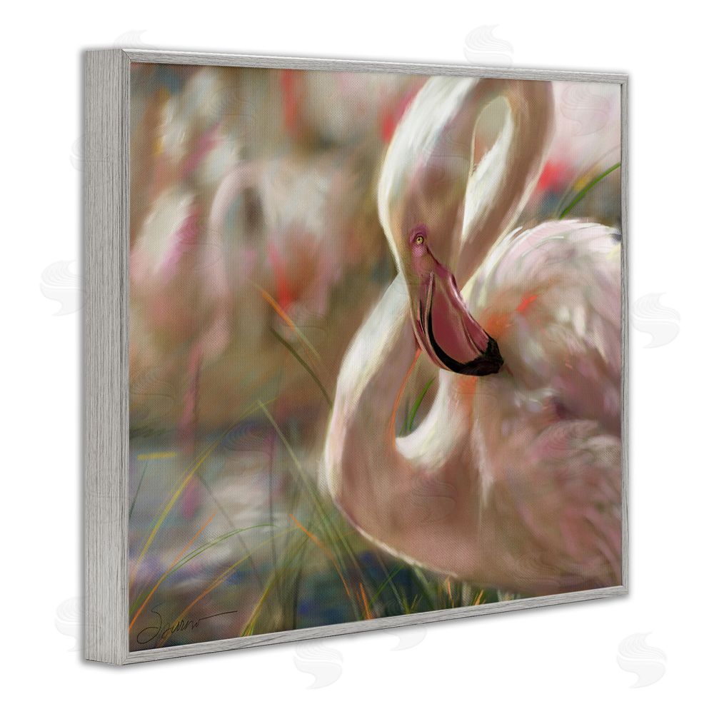 Mary Sparrow Preening Flamingo Sunset Gray Framed Giclee Wall Art Print