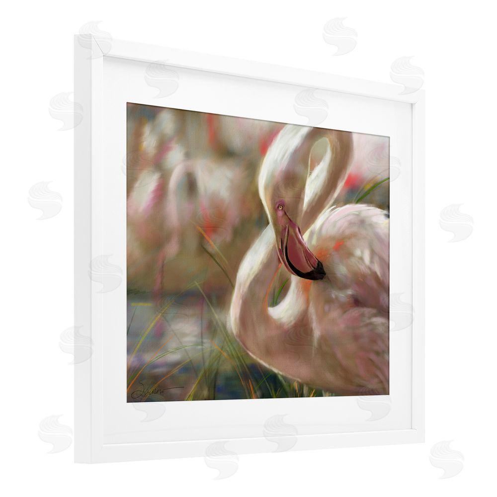 Mary Sparrow Preening Flamingo Sunset White Framed Print Under Glass with Mat Wall Art