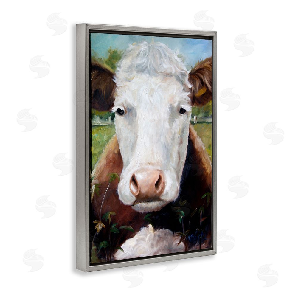Mary Sparrow Bessie Cow Portrait Gray Floating Frame Canvas Wall Art Print