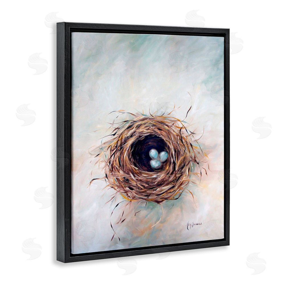 Mary Sparrow Bird Nest Triplets Black Floating Frame Canvas Wall Art Print