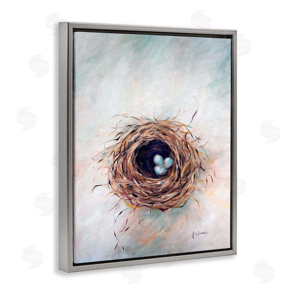 Mary Sparrow Bird Nest Triplets Gray Floating Frame Canvas Wall Art Print