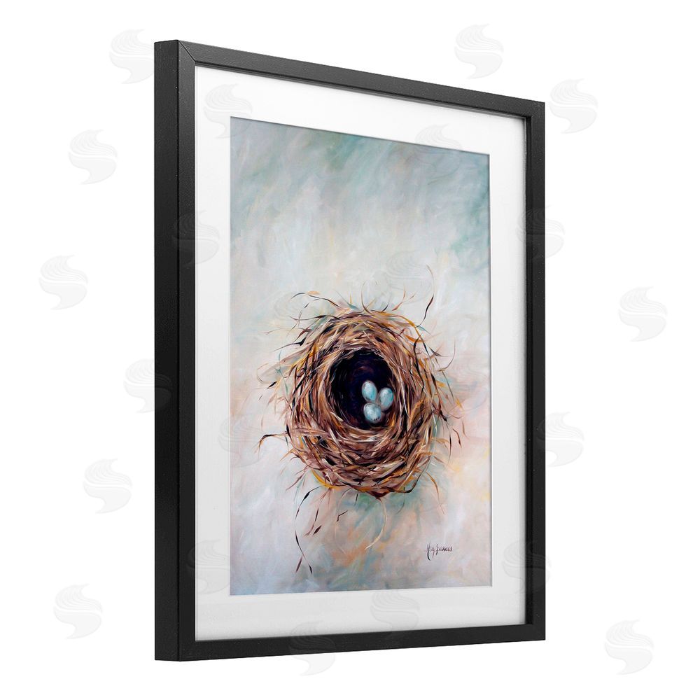 Mary Sparrow Bird Nest Triplets Black Framed Print Under Glass with White Mat Wall Art