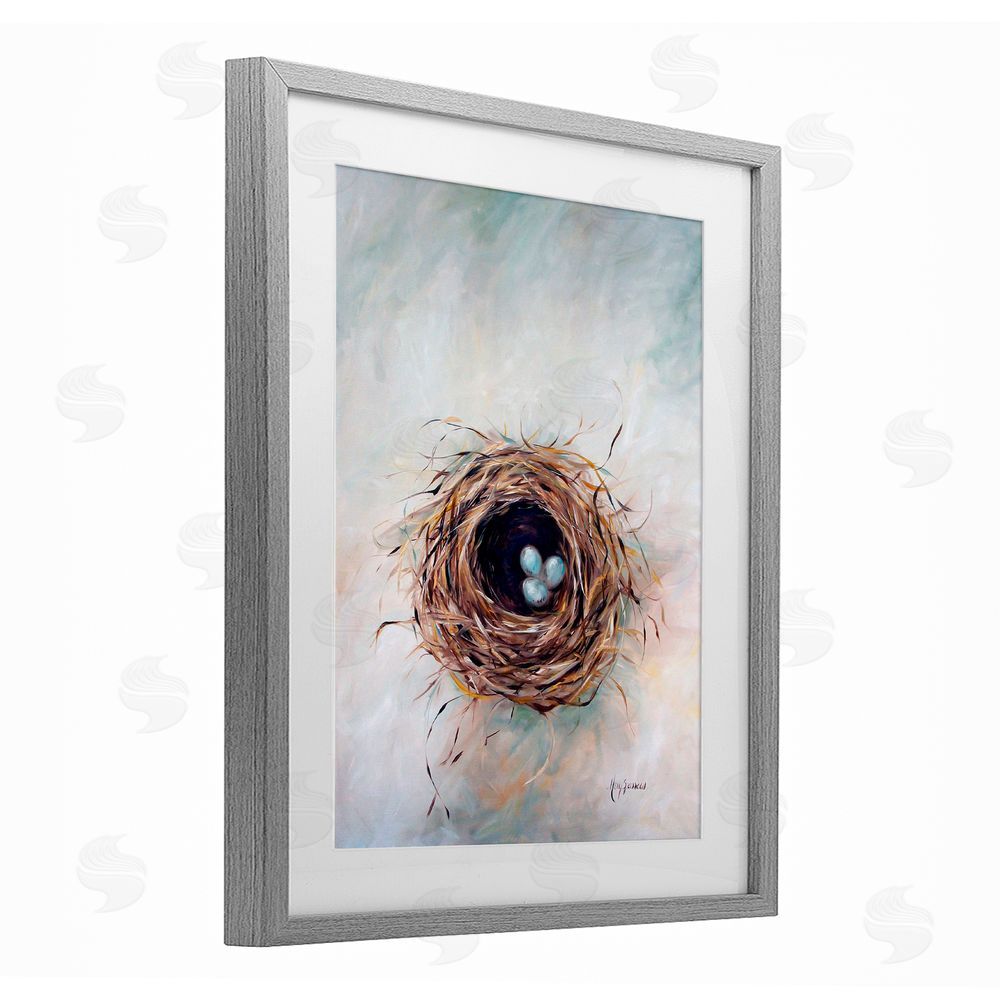 Mary Sparrow Bird Nest Triplets Gray Framed Print Under Glass with White Mat Wall Art