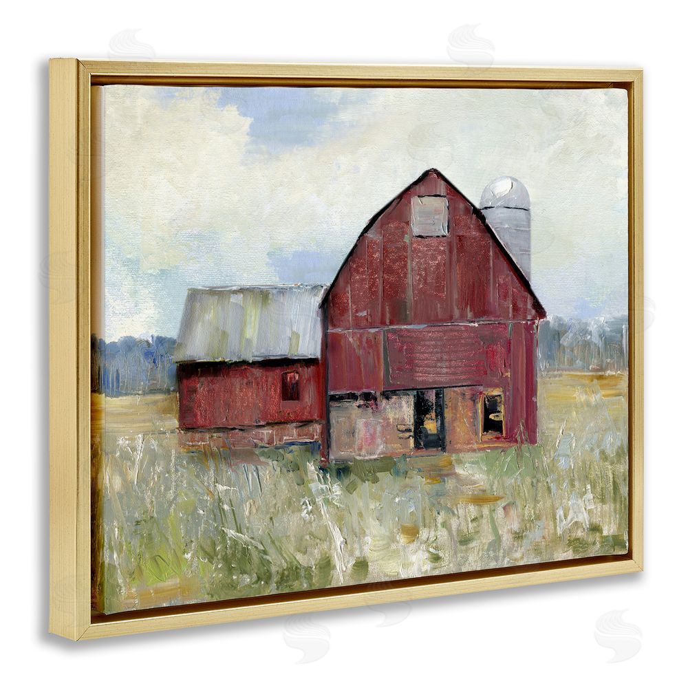 Sally Swatland Red Rugged Barn Gold Floating Frame Canvas Wall Art Print