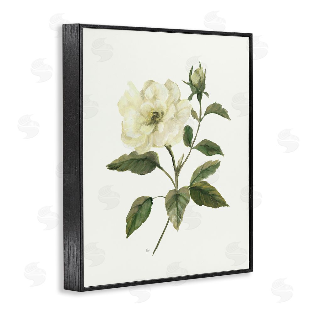 Nan Ivory Rose Bloom With Green Foliage Black Framed Giclee Wall Art Print