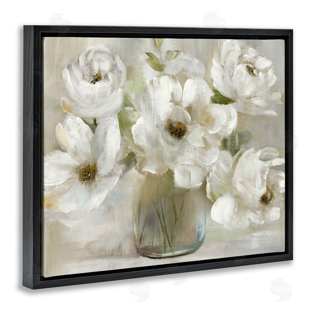 Nan Gentle White Petals in Vase Black Floating Frame Canvas Wall Art Print