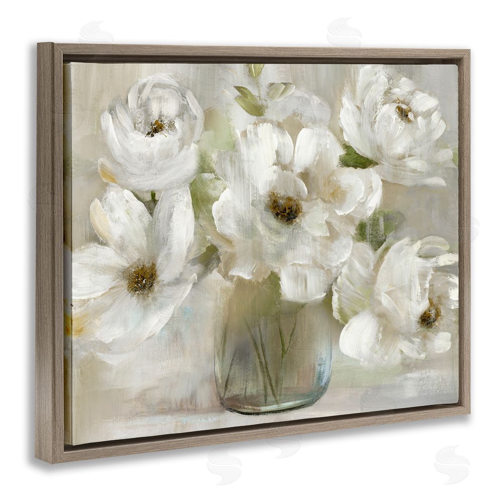 Nan Gentle White Petals in Vase Brown Floating Frame Canvas Wall Art Print