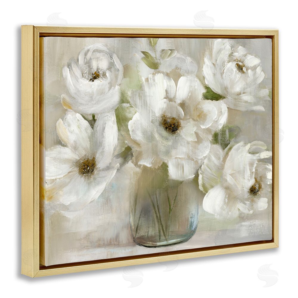 Nan Gentle White Petals in Vase Gold Floating Frame Canvas Wall Art Print