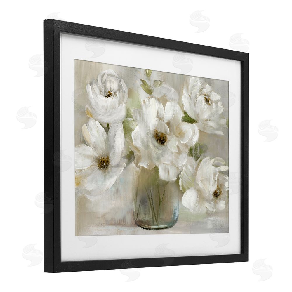 Nan Gentle White Petals in Vase Black Framed Print Under Glass Wall Art