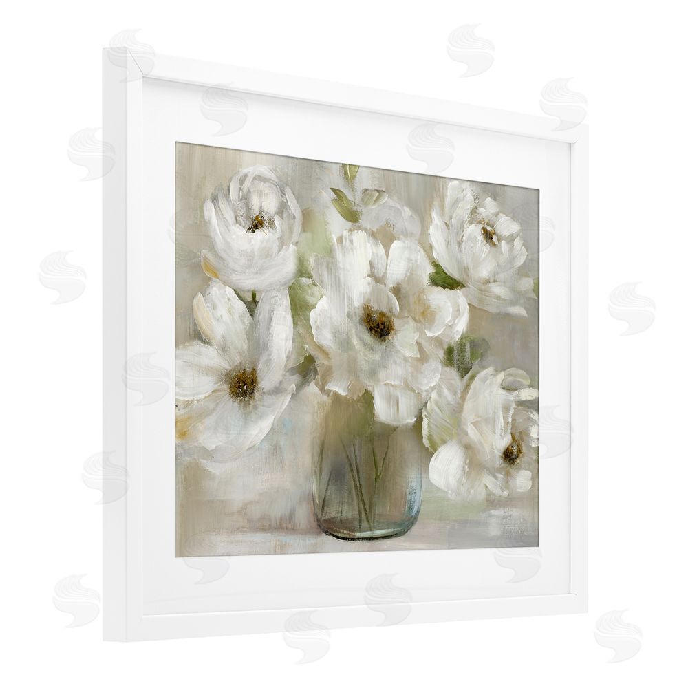 Nan Gentle White Petals in Vase White Framed Print Under Glass Wall Art