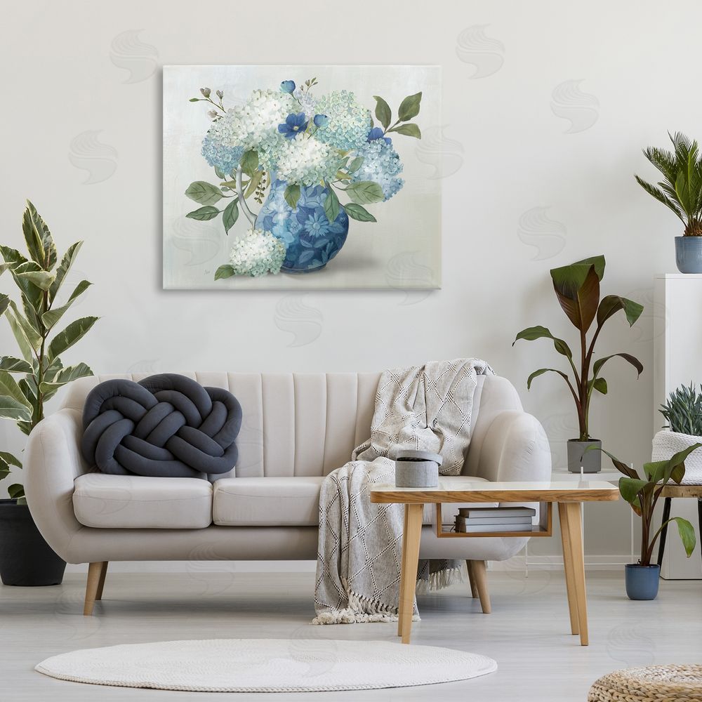 Nan Ornate Vase with Hydrangeas Stretched Canvas Wall Art in Room