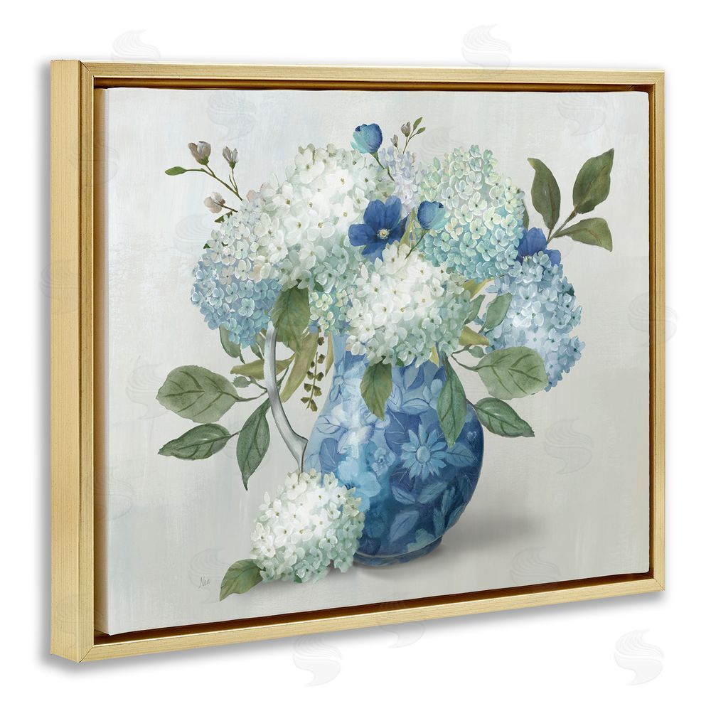Nan Ornate Vase with Hydrangeas Gold Floating Frame Canvas Wall Art Print
