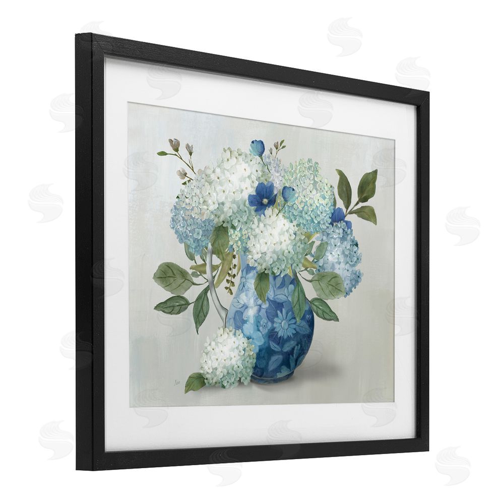 Nan Ornate Vase with Hydrangeas Black Framed Print Under Glass Wall Art