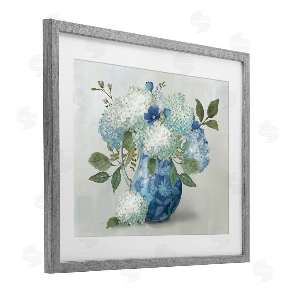 Nan Ornate Vase with Hydrangeas Gray Framed Print Under Glass Wall Art