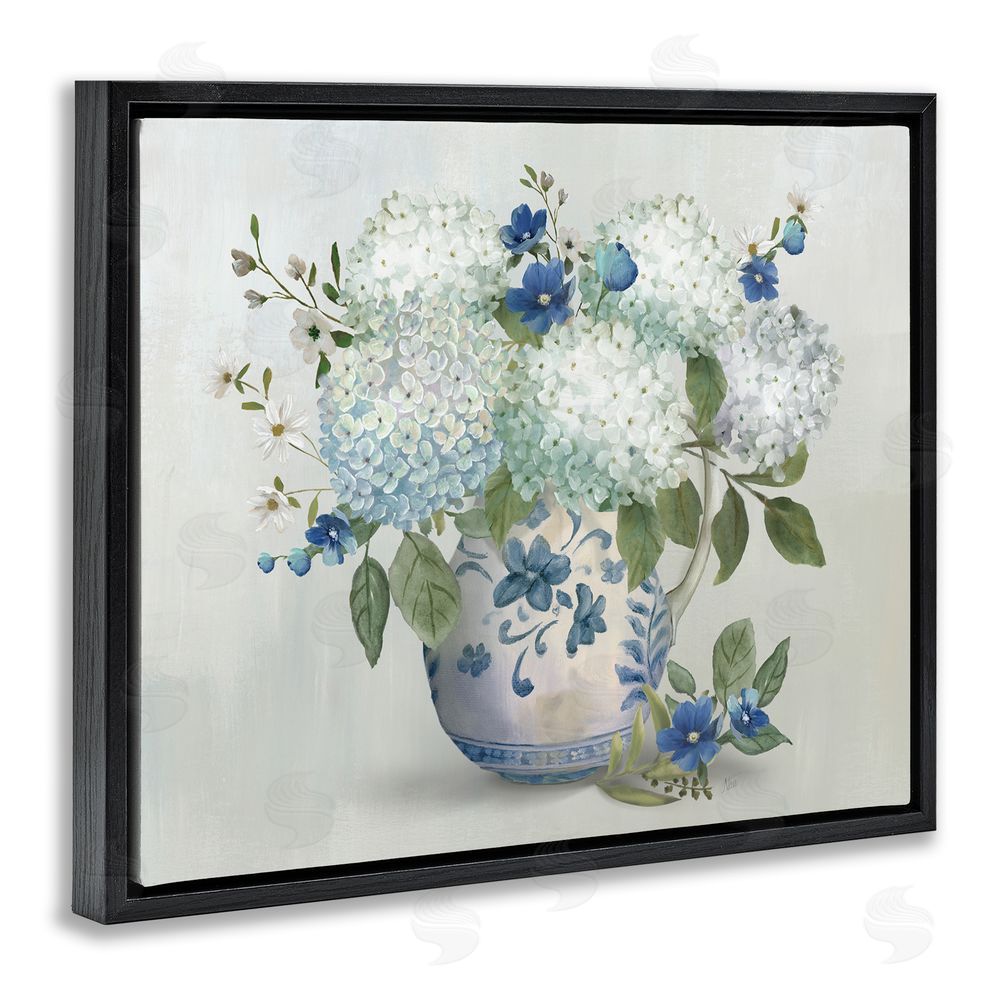 Nan Ivory & Blue Hydrangea Vase Black Floating Frame Canvas Wall Art Print