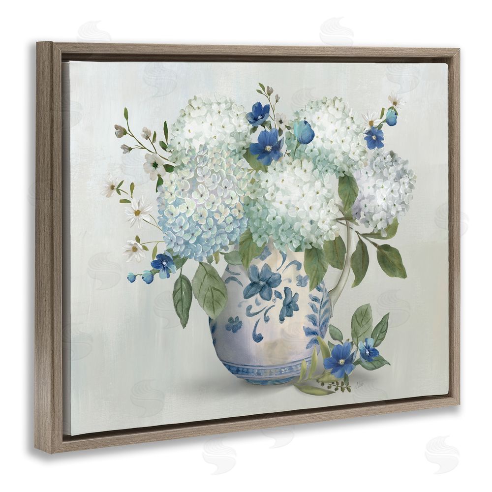 Nan Ivory & Blue Hydrangea Vase Brown Floating Frame Canvas Wall Art Print