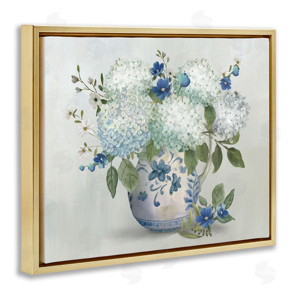 Nan Ivory & Blue Hydrangea Vase Gold Floating Frame Canvas Wall Art Print
