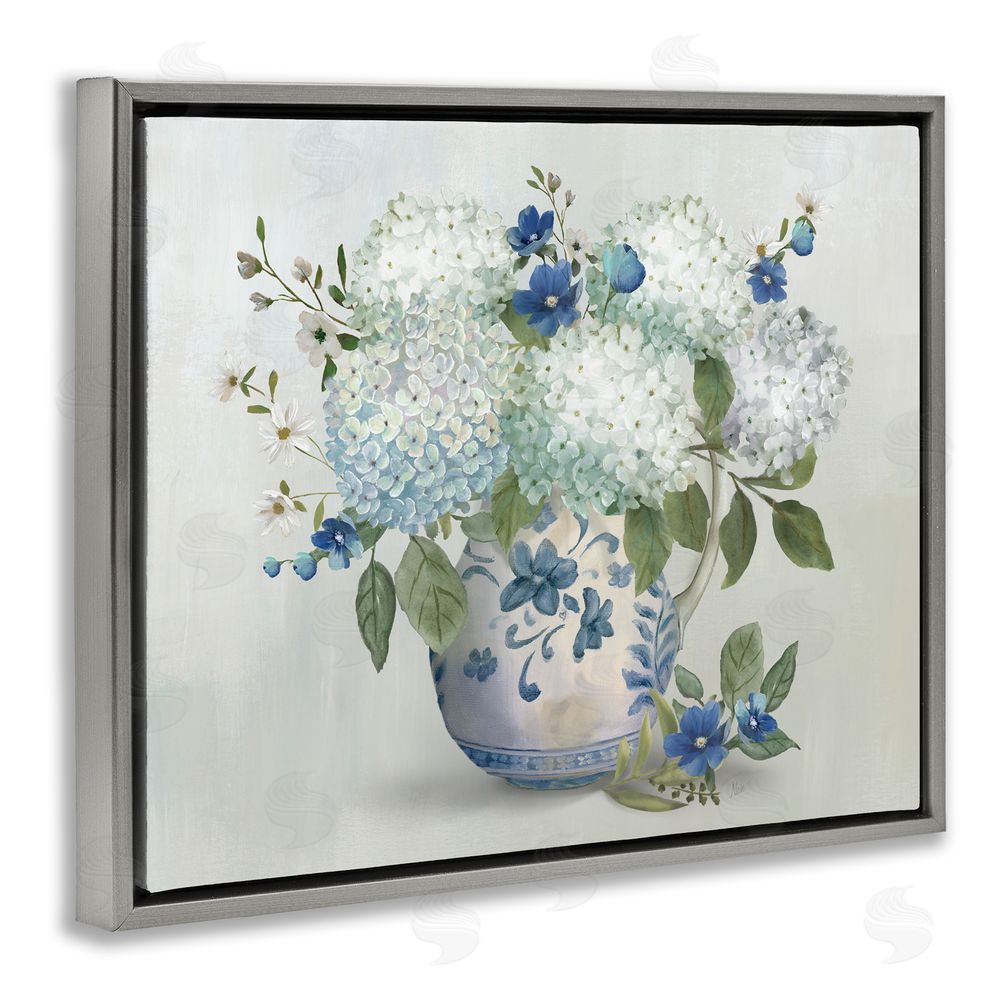 Nan Ivory & Blue Hydrangea Vase Gray Floating Frame Canvas Wall Art Print