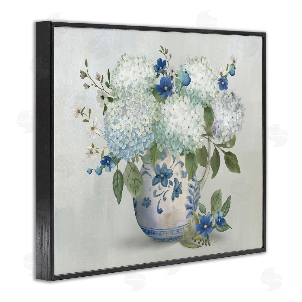 Nan Ivory & Blue Hydrangea Vase Black Framed Giclee Wall Art Print