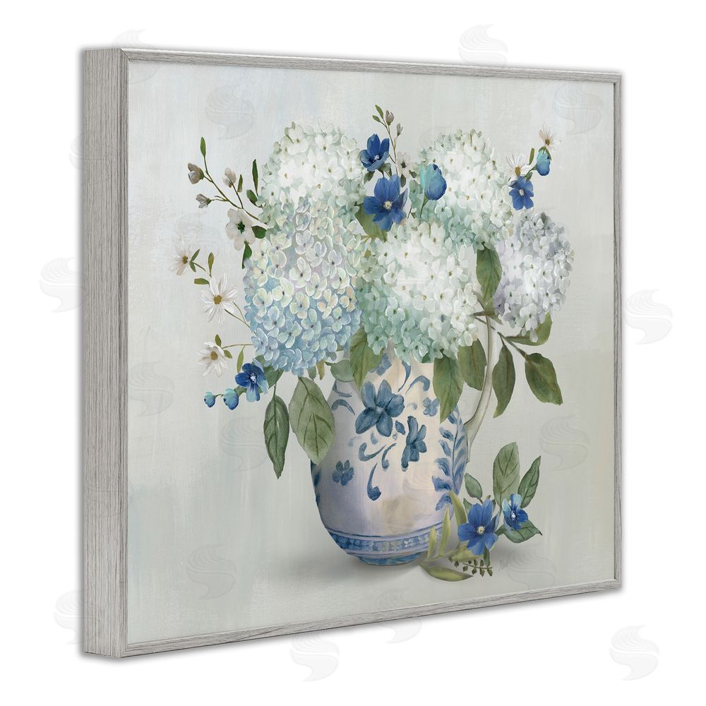 Nan Ivory & Blue Hydrangea Vase Gray Framed Giclee Wall Art Print