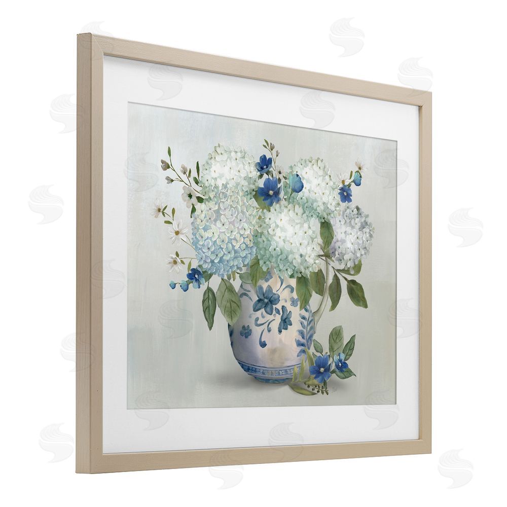 Nan Ivory & Blue Hydrangea Vase Brown Framed Print Under Glass Wall Art