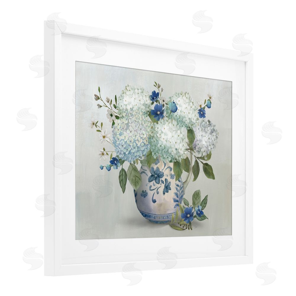 Nan Ivory & Blue Hydrangea Vase White Framed Print Under Glass Wall Art