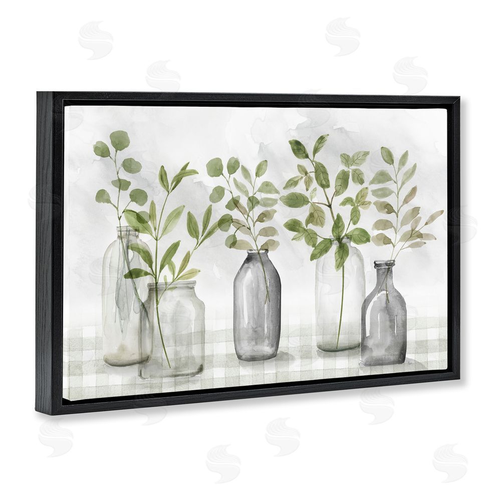 Nan Greenery Leaves in Vases Black Floating Frame Canvas Wall Art Print