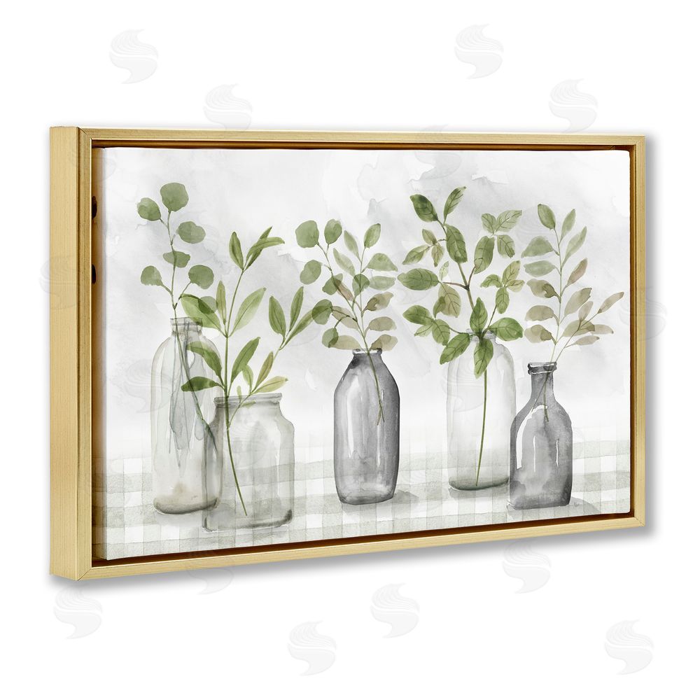 Nan Greenery Leaves in Vases Gold Floating Frame Canvas Wall Art Print