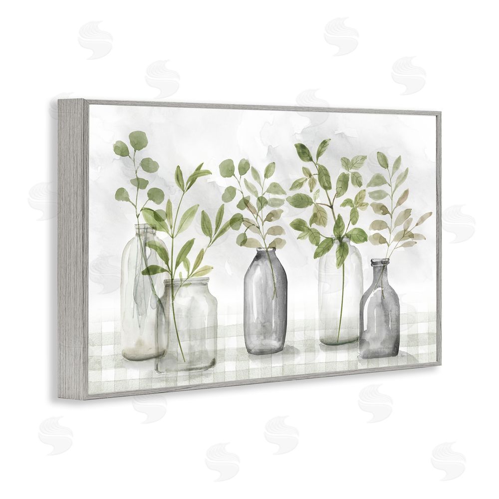 Nan Greenery Leaves in Vases Gray Framed Giclee Wall Art Print