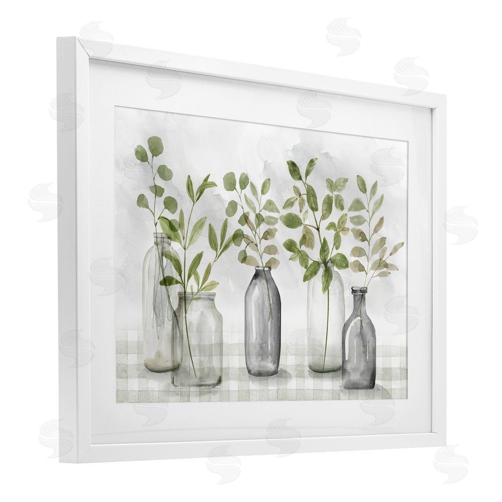 Nan Greenery Leaves in Vases White Framed Print Under Glass Wall Art