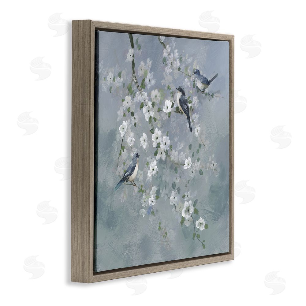 Nan Serene Birds on White Blooms Brown Floating Frame Canvas Wall Art Print