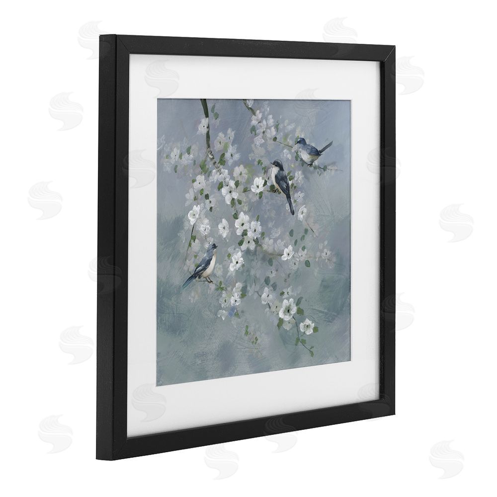 Nan Serene Birds on White Blooms Black Framed Print Under Glass Wall Art