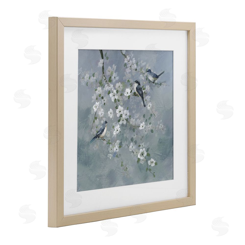 Nan Serene Birds on White Blooms Brown Framed Print Under Glass Wall Art