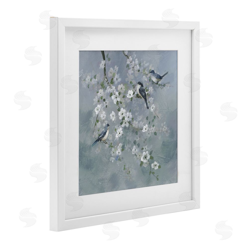 Nan Serene Birds on White Blooms White Framed Print Under Glass Wall Art
