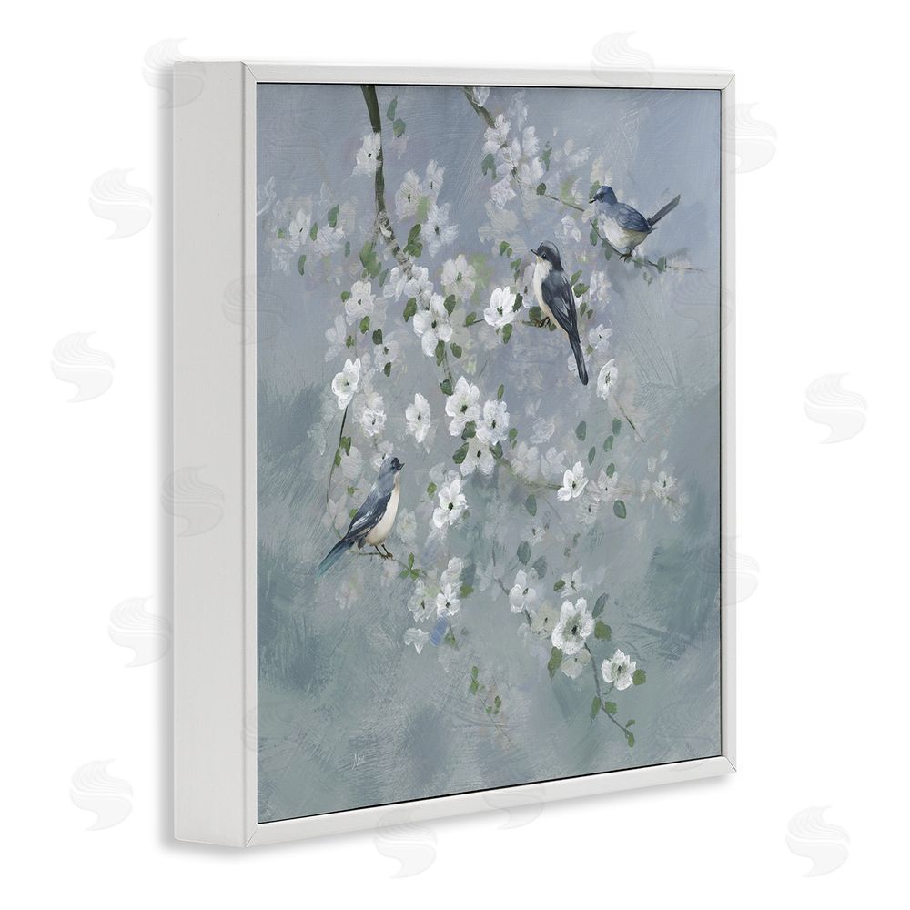 Nan Serene Birds on White Blooms White Framed Giclee Wall Art Print