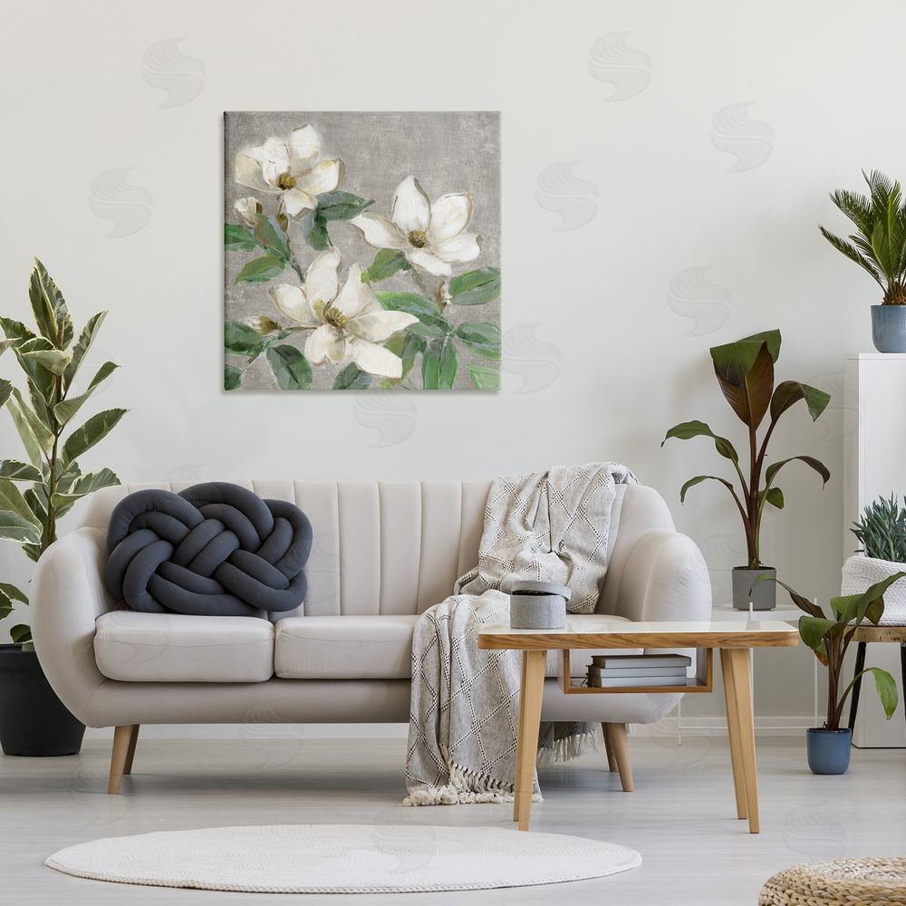 Sally Swatland Ivory Magnolias on Grey Stretched Canvas Wall Art in Room