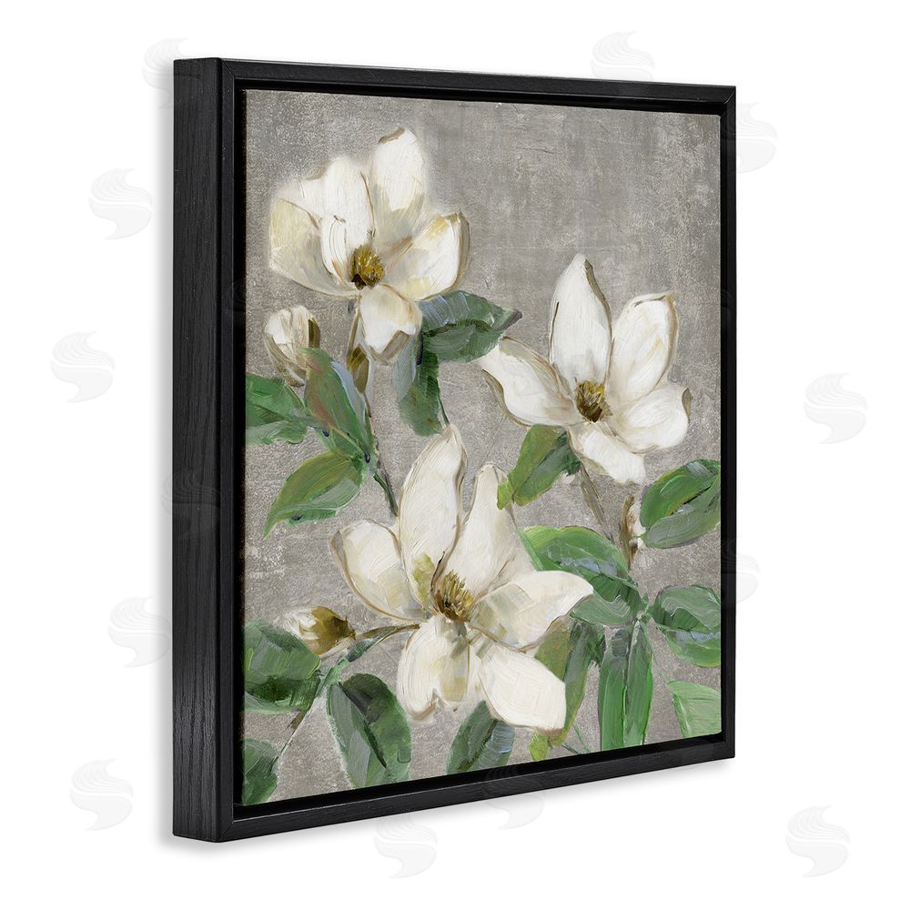 Sally Swatland Ivory Magnolias on Grey Black Floating Frame Canvas Wall Art Print