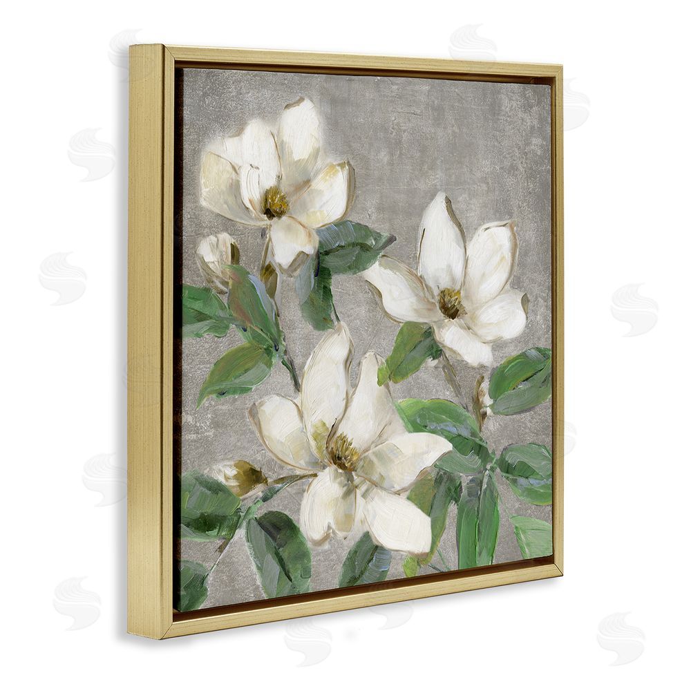 Sally Swatland Ivory Magnolias on Grey Gold Floating Frame Canvas Wall Art Print