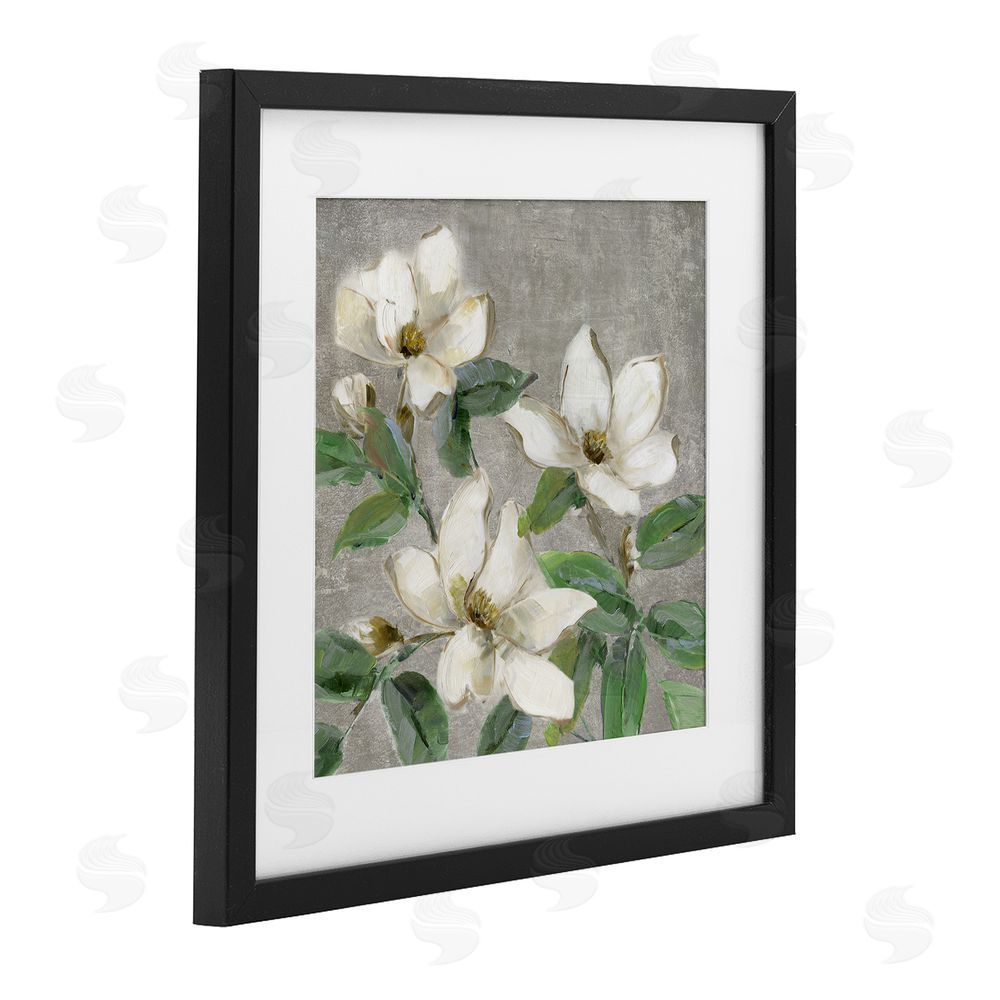 Sally Swatland Ivory Magnolias on Grey Black Framed Print Under Glass Wall Art