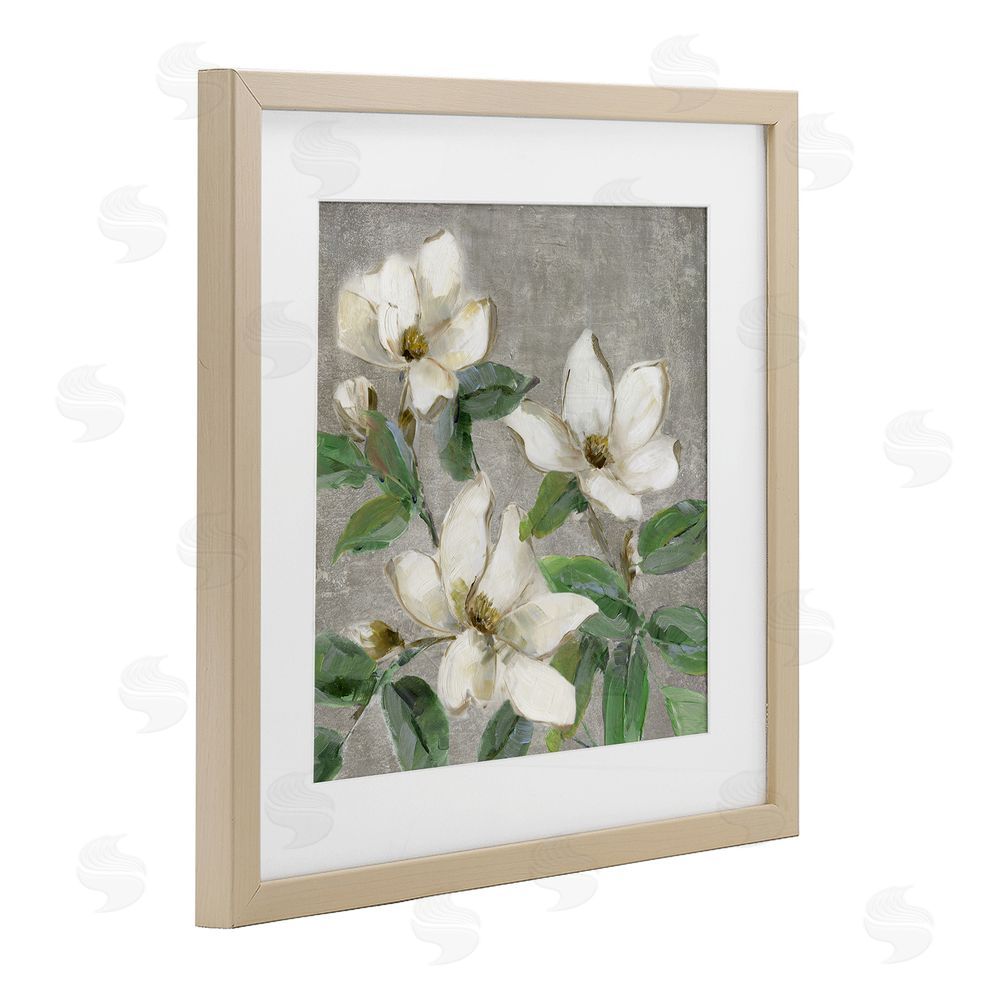 Sally Swatland Ivory Magnolias on Grey Brown Framed Print Under Glass Wall Art