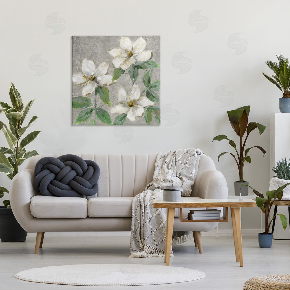 Sally Swatland Ivory Magnolia Trio Stretched Canvas Wall Art in Room