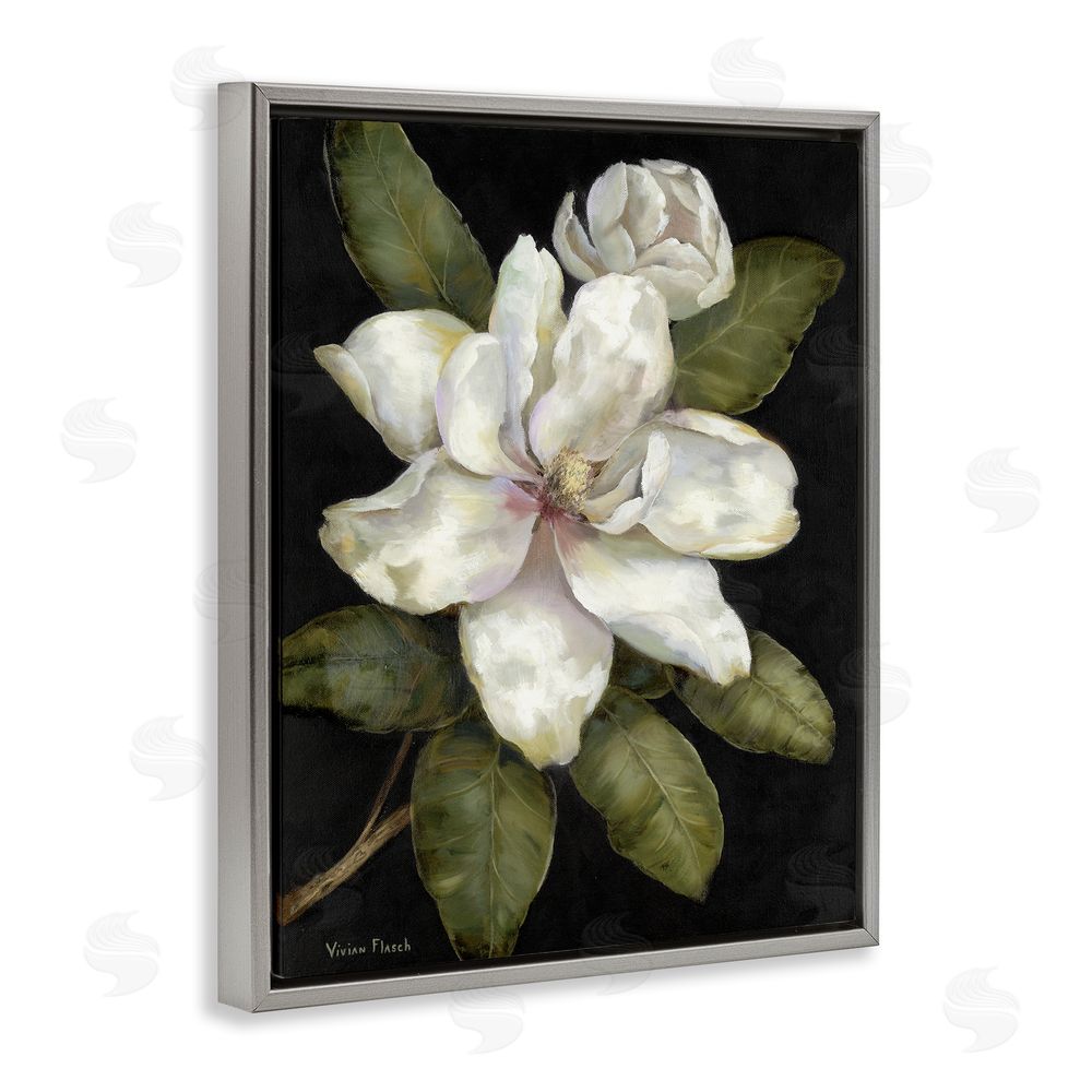 Nan Budding Magnolia Blooms Gray Floating Frame Canvas Wall Art Print